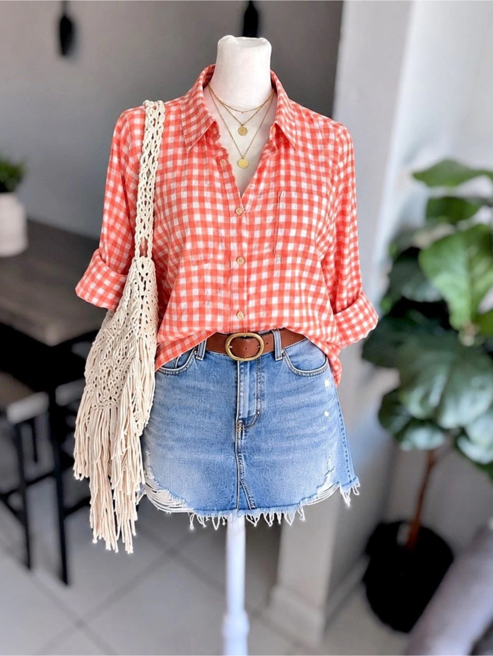 Olive & Oak Gingham Button-Down Shirt Size M